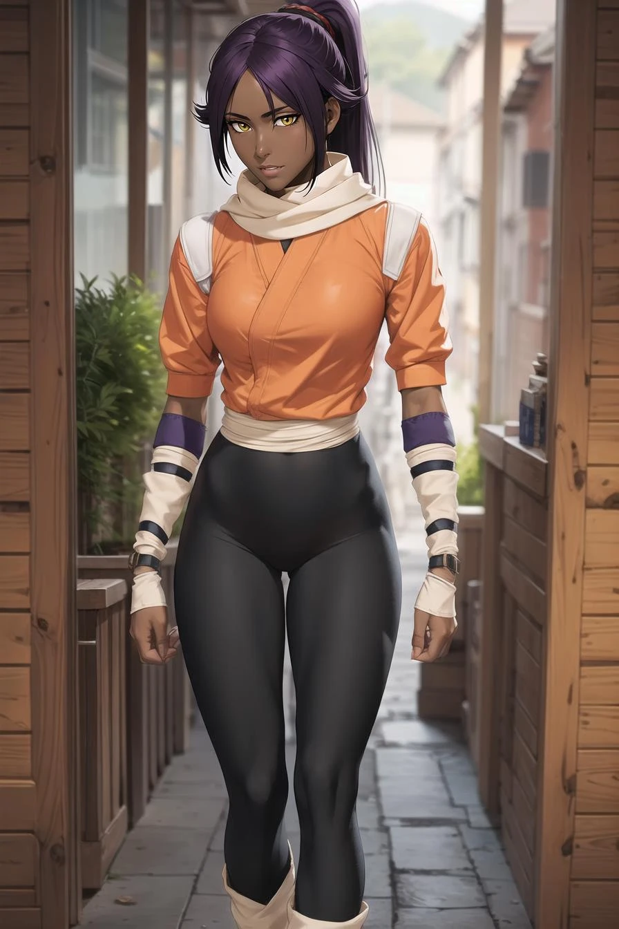 shihouin yoruichi, orange shirt, black leggings, shirt accessory, waist accessory, scarf, leg warmers, shoulder pads, detached sleeves, 1girl, solo, dark skinned female, dark skin, ponytail long hair, parted bangs, purple hair, yellow eyes, <lora:Yorui-more-v2.6:.7>