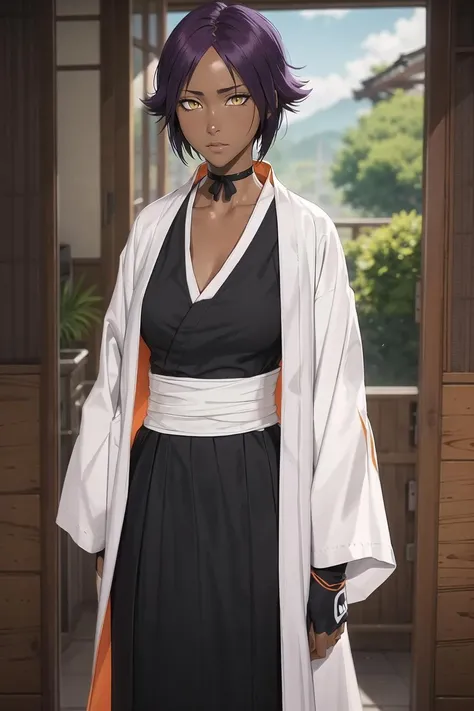 shihouin yoruichi, open white coat,  black kimono, hakama, white sash, 1girl, solo, dark skinned female, dark skin, short hair, parted bangs, purple hair, yellow eyes , standing, cowboy shot,  ribbon choker, elbow gloves, <lora:Yorui-more-v2.6:.7>, orange and white,