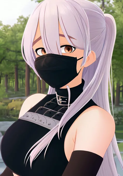 <lora:konoichi_chiyome:0.8>, konoichi_chiyome, 1girl, solo, smile, portrait, facemask, ninja, fishnets, (seductive, alluring, charming:1.3), (highly detailed, high quality:1.3)