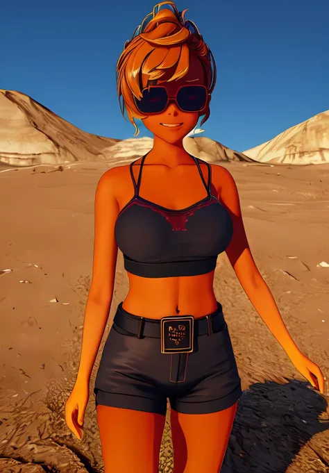 (dark theme:0.6), Glucose, 1 woman, mature and rough face, One, short hair, in a black bikini, in a black bra, sexuality, Long legs, High growth, Egypt, bright sun, wound, sand, desert 1.2), is sitting, White hair, pomade, decrease,  I look at the viewer, grey eyes, Sharp image, crop top, (HDR:1.22), Muted colors, 3D графика, complex background, Hyper detailed, art [[Jordan Grimmer]]