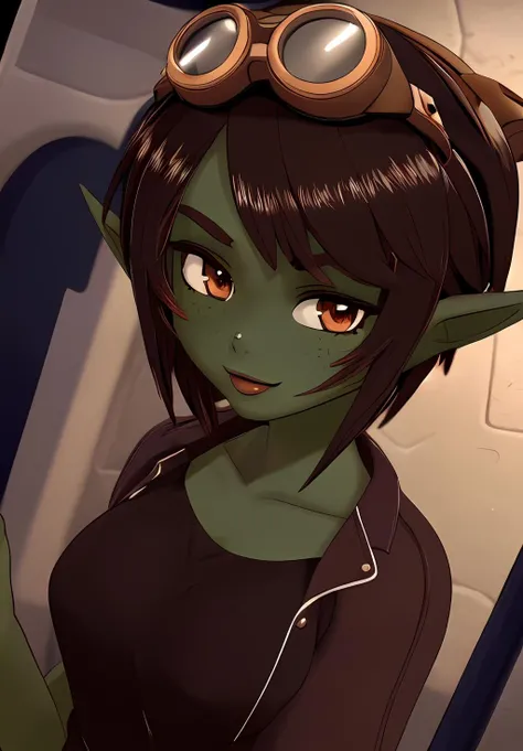 ung goblingirl, darkbrown hair, amber eyes, green skincolor, big ears, wide hips, flat breasts, laying on bed, spread legs to viewer, anatomically correct vagina, has a extremly happy expression, absurdres, high res, ultrasharp, 8K, masterpieceThe image should be of absurd resolution and high detail. It should be ultra-sharp and available in 8K resolution, representing a masterpiece in image quality.