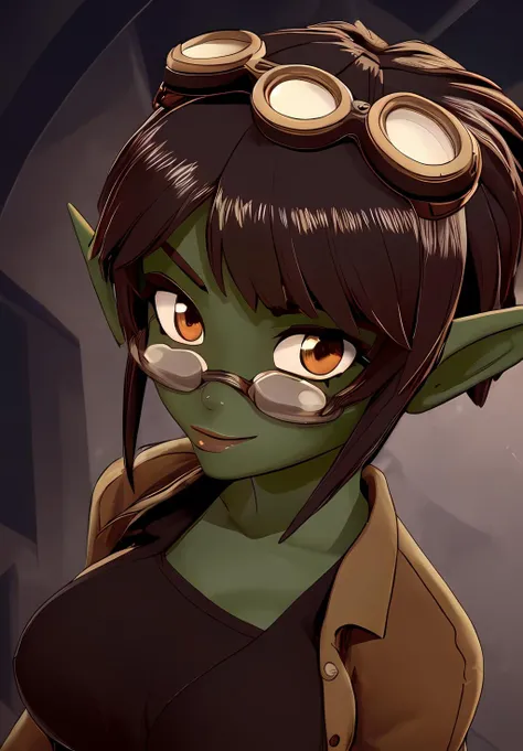 (((1 goblin woman))), ((detailed yellow eyes)), ((red hair)), large breasts, muscular body, monk robes, playful smile, ((fist in hand)), in a rocky wasteland, best quality, masterpiece, ultra-detailed