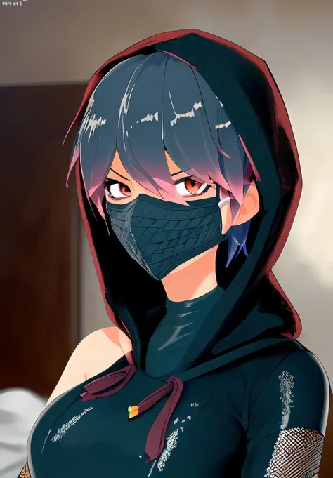 <lora:konoichi_hatsume:0.8>, konoichi_hatsume, 1girl, solo, ninja, bodysuit, fishnets, face mask, hood, (seductive, alluring, charming:1.3), (highly detailed, high quality:1.3)