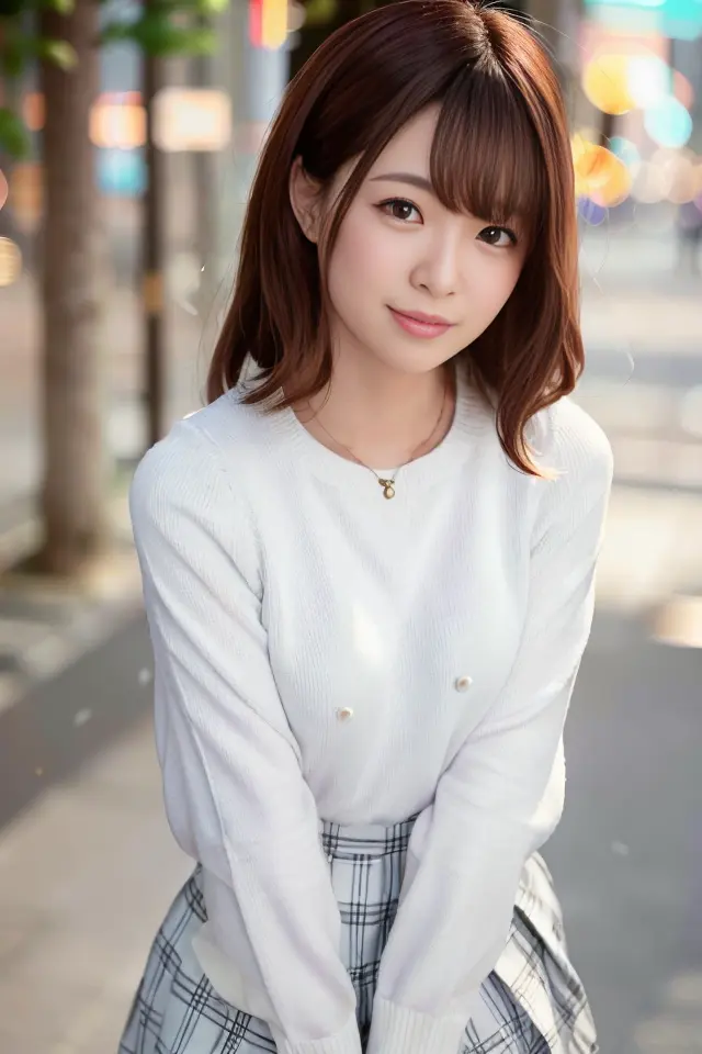 (skin blemish:1.2), (skindentation), black eye, 1woman, 25yo, (((woman))), solo, realistic, best quality, photorealistic, masterpiece, 8k, high res, solo, extremely detailed face, (professional lighting, bokeh), (light particles, lens flare, glowing particles:0.6), (dynamic pose:1.2), soft lighting, top angle view, fashionable and trendy atmosphere, japan, street, tokyo, city, ((daytime)), sky, ((looking at the viewer:1)), (looking at the camera),(portrait:0.6), cowboy shot, gorgeous, standing, keep original facial proportion, wide shoulder, full body, (small breast), (medium hair), brown hair, floating hair, lips, lipstick, seductive smile, floating hair, smile, open_mouth, teeth, (sleeves less white blouse), (jumper skirt), eyelashes, mole, (mole under eye:1), <lora:NinomiyaH:0.8>