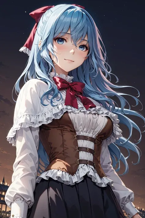 (masterpiece, best quality, ultra detailed), light smile, solo, standing, sgliselotte, blue hair, blue eyes, frills, (white capelet:1), red bow, hair bow, white shirt, black skirt, long sleeves, brown corset, night sky background  <lora:liselotte-animaginexl-1:0.8>