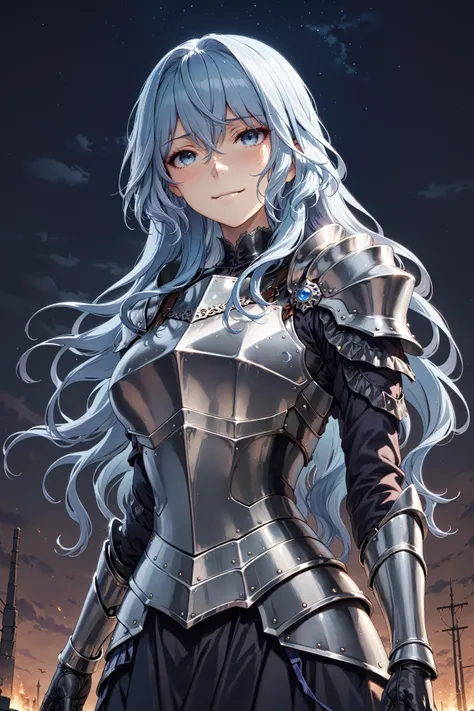 (masterpiece, best quality, ultra detailed), light smile, solo, standing, sgliselotte, blue hair, blue eyes, (black armor:1.2), steel breastplate, evil armor,  long gloves, night sky background  <lora:liselotte-animaginexl-1:0.8>