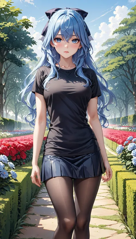 (masterpiece, best quality, ultra detailed), solo, standing, sgliselotte, blue hair, blue eyes, (black miniskirt, black pantyhose:1), black shirt, hair bow, garden field background  <lora:liselotte-animaginexl-1:0.6>