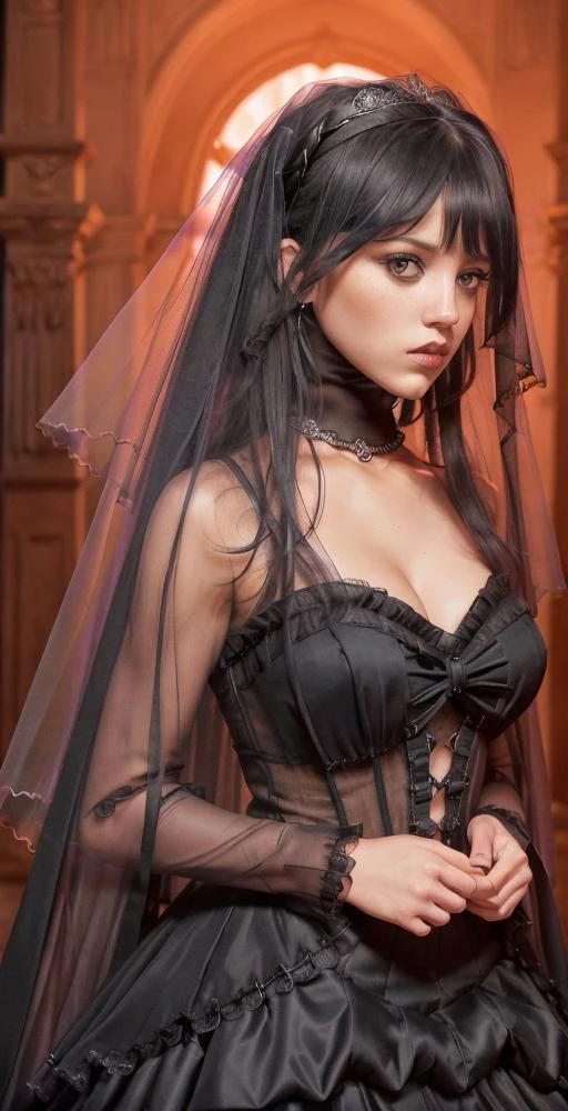 (RAW photo, best quality), (realistic, photo-realistic:1.3), ultra sharp images, ((very sharp hair)), no depth of field , best quality ,masterpiece, an extremely delicate and beautiful, extremely detailed ,CG ,unity ,8k wallpaper, Amazing, finely detail, masterpiece ,best quality, extremely detailed, 8k wallpaper, absurdness, incredibly absurdness, huge file size , ultra-detailed, high resolution , extremely detailed, asymmetrical bangs ,short bangs,bangs,beautiful detailed girl, extremely detailed eyes and face, beautiful detailed eyes,
light on face ,looking at viewer, straight-on, staring, skin blemishes ,
black hair , (short_ponytail:1.1), long eyelashes,
(((wearing a Victorian era noble dress,))), (((translucent black veil covering head))),goth smokey eye makeup, goth, ((night time)), very contrast lighting, red moon , dramatic lighting, ((many black bats flying at the background)), (((dark surrounding))) , (((red ambience))) , (((Intimate Night Lighting))), ((full body)), dramatic angle ,(((( very red and contrast ambience)))), outdoor, castle