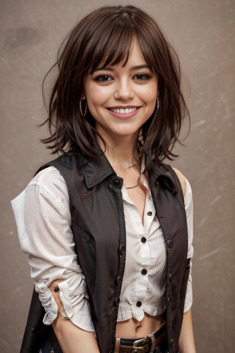 a photo of (jennao:1.2), JennaO, smiling, white button up shirt with red vest, brown eyes, black hair, shag bob, gothic background, photo realistic, (realistic:0.99),(masterpiece:1.2),(dynamic pose:1.2), wide shot, solo, <lora:Jenna Ortega:0.7> <lora:add_detail:0.1> <lora:hipoly3DModelLora_v10:0.05> <lora:RSERomantic_RSESofiko_RSEEmma-v1:0.1>