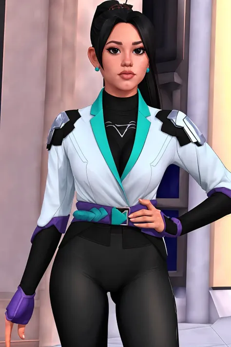 (( jennao)), sage(valorant), 1girl,sage bodysuit, black pant, ponytail, black hair, medium breasts, masterpiece, best quality, face of jenna ortega, <lora:Jenna Ortega:0.5> <lora:sage:1>