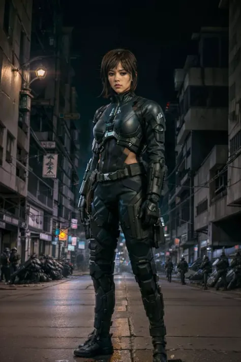 JennaO as Motoko Kusanagi, arms crossed, wearing full tactical combat suit, full tactical gear loadout, obvious cybernetics, nighttime, on cyberpunk city street at night, midnight light, full body character portrait

<lora:Jenna Ortega:1>
<lora:URPM:0.5>