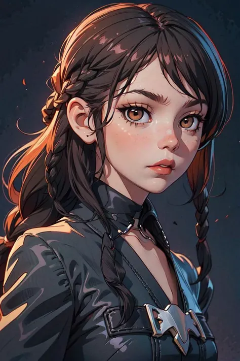 a photo of (jennao:1.2), JennaO, expressionless, dressed as Wednesday Adams, brown eyes, (dark black hair, two braids, braided hair,:1.2), Hispanic ethnicity, gothic background, photo realistic, (realistic:0.99),(masterpiece:1.2),(dynamic pose:1.2), wide shot, solo, <lora:Jenna Ortega:0.5> <lora:add_detail:0.1> <lora:hipoly3DModelLora_v10:0.05> <lora:RSERomantic_RSESofiko_RSEEmma-v1:0.1>