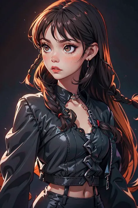 a photo of (jennao:1.2), JennaO, expressionless, dressed as Wednesday Adams, brown eyes, (dark black hair, two braids, braided hair,:1.2), Hispanic ethnicity, gothic background, photo realistic, (realistic:0.99),(masterpiece:1.2),(dynamic pose:1.2), wide shot, solo, <lora:Jenna Ortega:0.5> <lora:add_detail:0.1> <lora:hipoly3DModelLora_v10:0.05> <lora:RSERomantic_RSESofiko_RSEEmma-v1:0.1>
