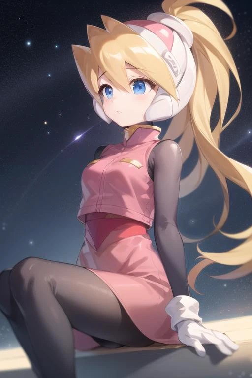 ciel_megamanz, 1girl, solo, long hair, blue eyes, blonde hair, ponytail, headgear, pantyhose, white gloves, looking away, star \(sky\), <lora:Ciel_MegaMan_Zero_V-06:1>