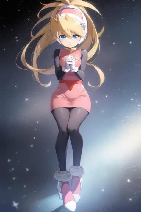ciel_megamanz, 1girl, solo, long hair, blue eyes, blonde hair, ponytail, headgear, (praying:1.2), pantyhose, white gloves, looking away, star \(sky\), <lora:Ciel_MegaMan_Zero_V-06:1>