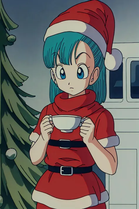 masterpiece, bulma, 1 girl solo, aqua hair, blue eyes, <lora:bulmadb-000007:0.7> wearing a Santa costume