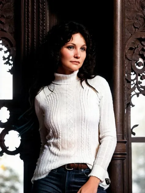 elegant mature woman, 1970s italy, beautiful woman, lovely lady, alluring, voluptuous mature body, perky shapely breasts, sheer nipples, large round buttocks, long black wavy hair, beige knit mini dress, sleeveless turtleneck, one arm raised showing underarm, provocative, sharp shadows, professional lighting, professional photography
