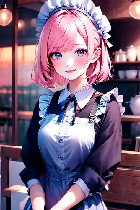 (exceptional, best aesthetic, new, newest, best quality, masterpiece, extremely detailed, anime, waifu:1.2)
BREAK
1girl, solo, pink hair, standing, maid, cafe, upper body