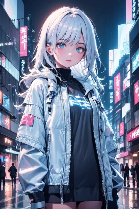 (exceptional, best aesthetic, new, newest, best quality, masterpiece, extremely detailed, anime, waifu:1.2)
BREAK
1girl, solo, silver hair, blue eyes, white jacket, street, night, neon lights