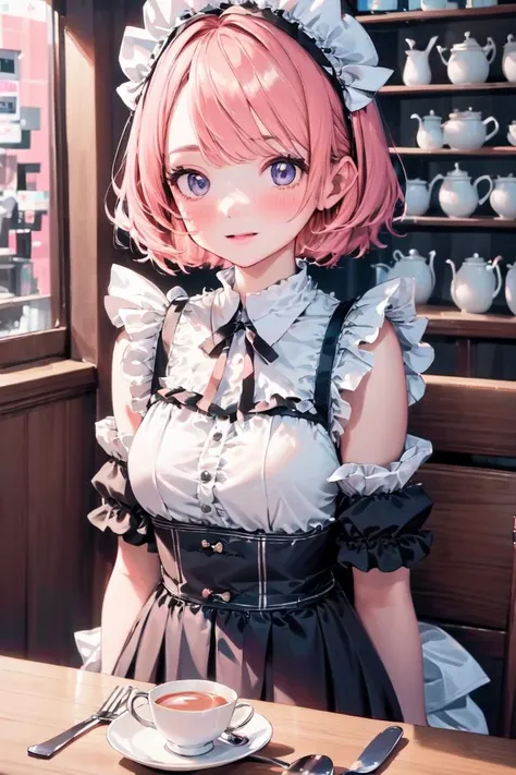 (exceptional, best aesthetic, new, newest, best quality, masterpiece, extremely detailed, anime, waifu:1.2)
BREAK
1girl, solo, pink hair, short hair, maid, cafe