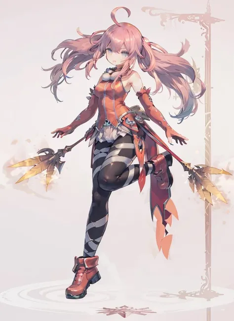 1girl,ahoge,long hair,bandages legs,pantyhose,feather,pink shoes,detached_sleeves,hair_ornament, <lora:althea3:0.8>,play game