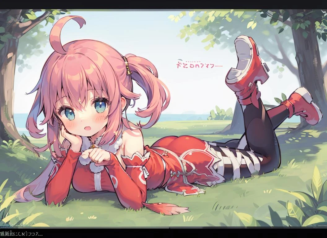 1girl,ahoge,long hair,bandages legs,pantyhose,feather,pink shoes,detached_sleeves,hair_ornament, <lora:althea3:0.7>,lie down,on belly,forest