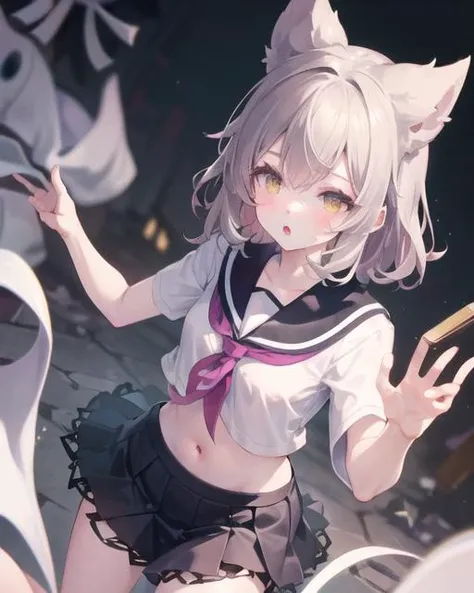 <lora:ToyoNoMiko_v2-10:0.7>, ToyoNoMiko, 1girl, solo, school uniform, view from above, yellow eyes, :o, mini skirt, stomach