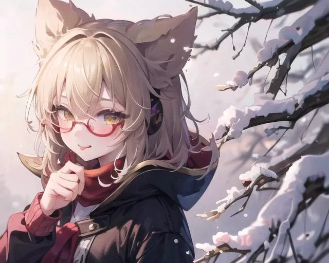 <lora:ToyoNoMiko_v2-10:0.7>, ToyoNoMiko, 1girl, solo, short hair, yellow eyes, blonde, licking lips,
red sweater, red scarf, glasses, winter, trees