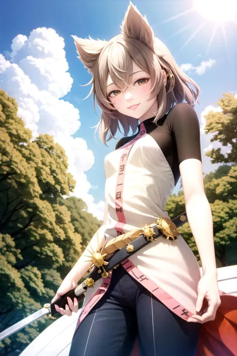 <lora:ToyoNoMiko_v2:0.9>, ToyoNoMiko, small breasts, sword, smug face, standing, view from below, weapon, trees, bushes, sky, clouds, (kbxll:0.7)
