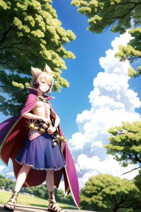 <lora:ToyoNoMiko_v2:0.8>, ToyoNoMiko, small breasts, sword, purple earmuffs, purple skirt, metal armor, cape, sandals, smug face, standing, view from below, weapon, trees, bushes, sky, clouds, (kbxll:0.67) , <lyco:UnlimitedBladeWorksV1:0.5>