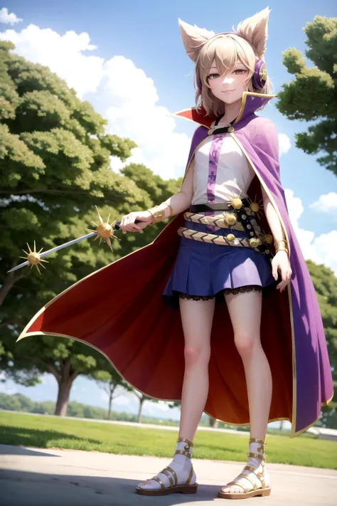 <lora:ToyoNoMiko_v2:0.9>, ToyoNoMiko, small breasts, sword, purple earmuffs, purple skirt, armored skirt, cape, sandals, smug face, standing, view from below, weapon, trees, bushes, sky, clouds, (kbxll:0.6)