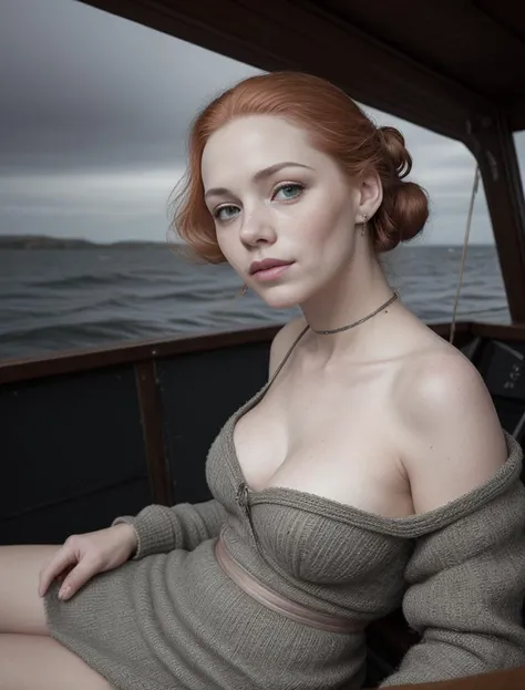 High-quality Instagram photo, close-up of a 20-year-old Scandinavian girl, redhead, sexy, short height, green eyes, freckles, cute face, body lying face up, white blazer, no underwear, on a yacht with a lake background, larger head and short torso.