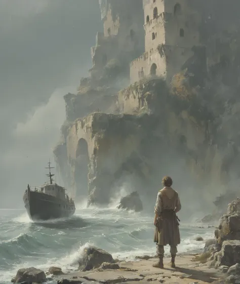 Gothic style <lora:tbh299-sdxl:0.72> style of Carl Spitzweg, At the helm of her father's fishing boat, the French fisherman's daughter navigates through the morning mist. Dressed in a knitted woolen vest and shorts, her muscular legs on display, she walks confidently through the fish market. Her fierce red hair, flowing loosely with the ocean breeze, adds a touch of wildness to her serene expression. The painting captures a moment of solitude and introspection, embodying the timeless beauty and rugged charm of coastal life, reminiscent of the evocative style found in the works of Franz Xaver Winterhalter. . Dark, mysterious, haunting, dramatic, ornate, detailed