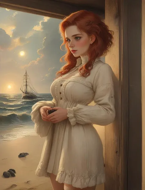 (bold contoured, exact and precise, bold outlines), Epic Illustration Art On a secluded sandy beach along the Brittany coast, the French fisherman's widow stands contemplatively. Echoing the classic maritime paintings and reminiscent of the exquisite portraiture capturing a sense of dignity and poise. Windswept strands framing her face with a salty tang. She inspires with her carefree and light-hearted, cheeky allure, an air of confident graceful femininity. Irresistibly cute, with (charming blush). With flawless, immaculate, and neat (pale light skin and freckles), she possessed an ethereal quality, her complexion resembling porcelain kissed by the sun's gentle rays; every freckle a testament to her delicate beauty. crimson lipstick, Healthy Blush with a subtle eyeliner and Eyeshadow, Highlighter and mascara In her unbottened knitted woolen coat and delicate laced thigh-highs, her athletic form is highlighted as she stands by the lighthouse. Her fierce red hair, tied back to keep it away from the tasks at hand, gleams softly in the lantern light. Windswept strands framing her face with a salty tang. The scene exudes warmth and enticing community spirit in the 1680's, capturing the essence of the intimate portrayals by Alexandre Cabanel. This authentic portrayal of French maritime life is rendered in a vintage film emulation style, evoking the artistic sensibilities of Jean-Francois Millet, Arthur David McCormick and Charles Sillem Lidderdale A testament to the life at sea, reflecting an authentic French maritime ambiance, celebrating 1680's Bretonic charm of ancient coastal life and cultural significance of a Bretonic woman. Depicted by William Trost Richards, Alfred Thompson Bricher, and John Frederick Kensett. <lora:5ParDet-ColCin-nM:0.31> <lora:style of Andreas Achenbach_tbh102-:0.63> . striking artpiece, Clean and defined lines, precise outlining, elaborate features, sophisticated, refined, fancy style, sleek, neat style, elevated and lofty features, precise and clean structured