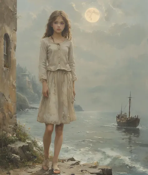 <lora:tbh299-sdxl:0.52> style of Carl Spitzweg, At dawn, the French fisherman's widow is immersed in the harbor's serene ambiance. The soft evening light bathes everything in a fresh hue, casting freezed mist. The muted atmosphere reminiscent of vintage film. Windswept strands framing her face with a salty tang. She inspires with her carefree and light-hearted, cheeky allure, an air of confident graceful femininity. Irresistibly cute, with (charming blush). With flawless, immaculate, and neat (albinism pale and white and translucent skin), her complexion strikingly fair with a subtle translucence, a rare beauty glowing like moonlight on freshly fallen snow. bold red lips with a Healthy Blush, Highlighter and mascara Dressed in a casual knitted woolen sweater that emphasizes her muscular physique and bare thighs. She stands barefoot confidently near the water's edge. Her (ivory black straight long hair:1.2), frames her focused expression. Windswept strands framing her face with a salty tang. The painting highlights the rugged beauty of Bretagne's landscape depicting a Bretonic woman in the 1680's, evocative of Franz Xaver Winterhalter's approach. This authentic portrayal of French maritime life is rendered in a vintage film emulation style, evoking the artistic sensibilities of Francis Augustus Silva and Louis Robbe The scene captures the enduring beauty and cultural significance of a Bretonic woman, reminiscent of 1680's Bretonic charm of ancient coastal life. Depicted by William Trost Richards, Alfred Thompson Bricher, and John Frederick Kensett., <lora:add-detail-xl:0.45>, <lora:detailed_notrigger:0.31>