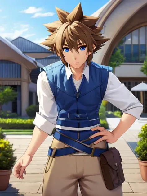 best quality, masterpiece, highres, detailed, realistic, <lora:Detail - add_detail:0.2>,  <lyco:Change - FlynnClothes-09:0.8>, FlynnA, blue vest, utility belt, beige pants, white shirt,  <lora:Character - SoraKHII:0.8>, brown hair, blue eyes, spiked hair, Sora-KHII,