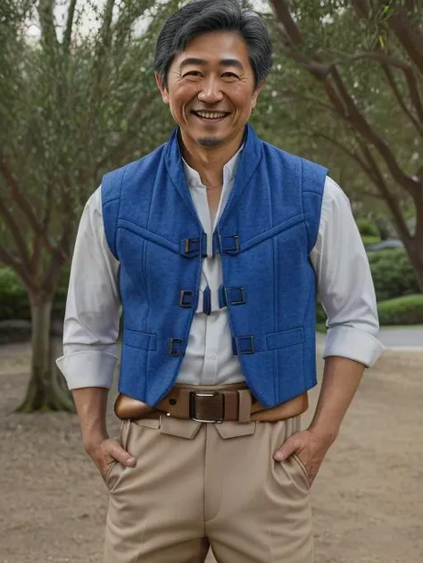 best quality, masterpiece, highres, detailed, realistic, <lora:Detail - add_detail:0.2>,  <lyco:Change - FlynnClothes-09:0.8>, FlynnA, blue vest, utility belt, beige pants, white shirt, 40 year old japanese man, grinning,