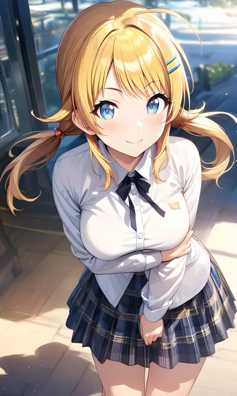 (masterpiece),(best quality),(ultra-detailed),(best illustration),(best shadow),(absurdres),(detailed background),(very aesthetic),  meguru hachimiya, 1girl, blonde hair, skirt, solo, blue eyes, hair ornament, smile, plaid, breasts, twintails, plaid skirt, hairclip, looking at viewer, shirt, long hair<lora:XL-MeguruHachimiyav1:1>