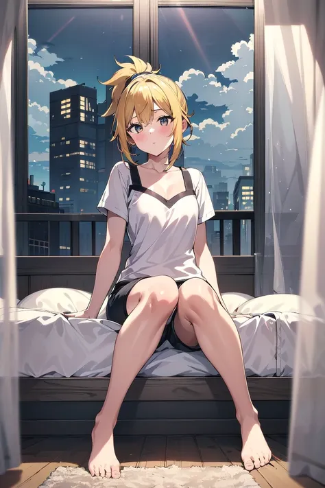 (ultra detailed,ultra high res,detailed background), Anime, hdr, chiaroscuro, pov, (bedroom), morning, (sunlight), window, closed curtains, cloudy sky, cityscape, floor, BREAK 1girl, black eye, ponytail hair, yellow hair, (medium hair sleeper), plate shorts, (sitting on bed), (waking up), full body, blush, BREAK