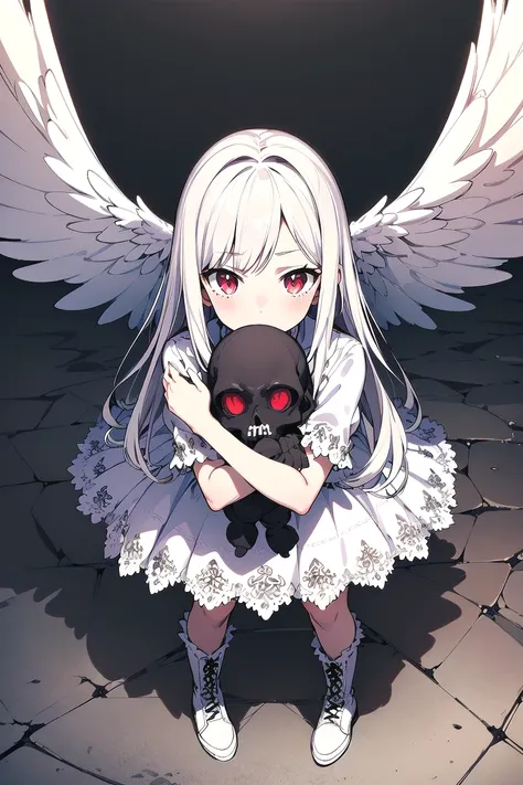 (masterpiece, Anime, absurd quality, best quality, official art, beautiful and aesthetic:1.2), (1 :1.4), extreme detailed, (fractal art:1.3), colorful, highest detailed, vivid color, from above, angel, albino, babyface, hugging the skull, dark light, fluffy white frilly dress, white lace-up short boots, fluffy angel wings, pure white long hair, beautiful detailed red eyes, glaring at viewer, lots of skulls,