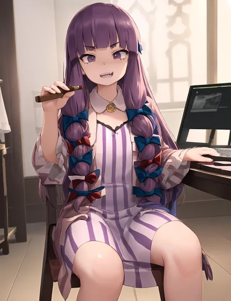 ( Patchouli Knowledge  on chair at studio for livestreaming with holding cigar:1.2)
(extremely detailed  wrinkle  Patchouli Knowledge costume:1)
(detailed matte  messy purple  hair  :1.2)
(cute perfect  face  with (jitome:0.6)(sanpaku) eyes with (cute sharp jigged teeth)  :1.5)
(beautiful thick eyebrows)
( beautiful  lighting :1),
(8k:1),(highres:1),(ray tracing:1),(decensored:1),(dutch angle:0.6)
(ray tracing:1.5)(masterpiece:1.2)(best quality:1.3)
(taisa \(cookie\):1)
<lora:char_tis_loha:0.8>
 <lora:InterCookieLora:0.2>