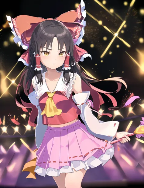 (Magical girl  idol Hakurei Reimu on stage :1.5)
(detailed matte  hair  :1.2)
(cute perfect  face   :1.5)
(wearing a cute, frilly, pastel-colored dress with a matching bow in her hair :1.2)
(having a wand adorned with ribbons and jewels :1.4)
( beautiful  lighting :1),
(8k:1),(highres:1),(ray tracing:1),(decensored:1),(dutch angle:0.6)
(ray tracing:1.5)(masterpiece:1.2)(best quality:1.3)
<lora:sananana__cookie_:0.7>
(sananana \(cookie\) :1)
<lora:CK_LORA-000006:0.4>