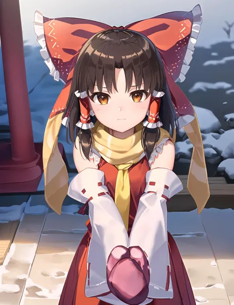 (hakurei reimu at winter shrine:1.2)
(detailed hakurei reimu miko uniform wtih scarf and red mittens :1.5)
(detailed matte hair with parted bangs :1.2)
(cute perfect  face  :1.5)
( uneven torso with  small breast :1.2)
( beautiful  lighting :1),
(8k:1),(highres:1),(ray tracing:1),(decensored:1),(dutch angle:0.6)
(ray tracing:1.5)(masterpiece:1.2)(best quality:1.3)
<lora:benikurage__cookie_1:0.5>
(benikurage \(cookie\) :1)
<lora:InterCookieLora:0.4>