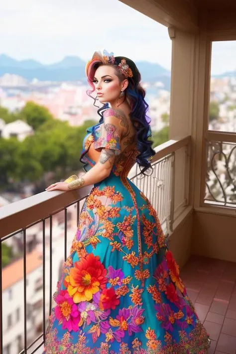 photograph of a woman, standing on a balcony,  long colorful detailed dress, stunning environment, cmack-9000, ultra realistic, concept art, elegant, ((intricate)), ((highly detailed)), depth of field, (((professionally color graded))), 8k, 85mm, f/1. 8, art by artgerm and greg rutkowski and alphonse mucha