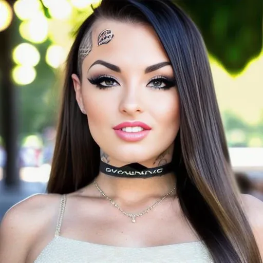 photo of a young caucasian (cmack-9000), dynamic posture, slender physique, pouty, big smile, (extremely detailed:1.3), (textured skin:1.3), (slutty makeup:1.3), small, petite, lipstick, (detailed eyes), highres, realistic lighting, freckles, choker, (sexy clothes:1.2), (background in public park:1.2), (sunny:1.3)