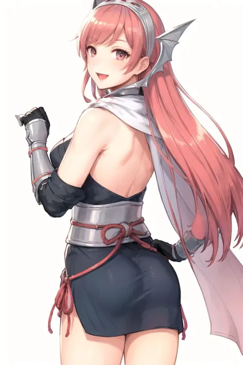 masterpiece, ultra high quality cg, best quality, cherche_ninja, looking at viewer, smile, open mouth, simple background, looking back, grey background, from behind, cape, <lora:cherche_def:0.7>
