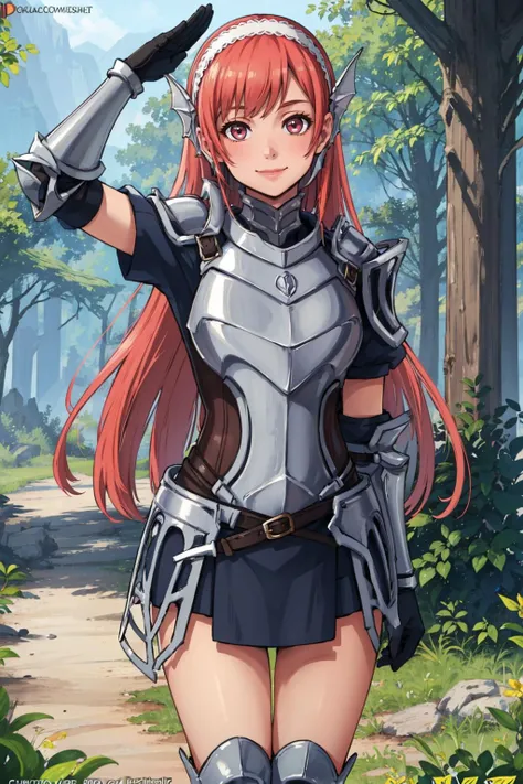 masterpiece, best quality, <lora:otakoCherche_v2:0.55> cherche_def, gloves, hairband, armor, armored boots, looking at viewer, smile, forest, alpine forest, looking at viewer, smile, salute, cowboy shot