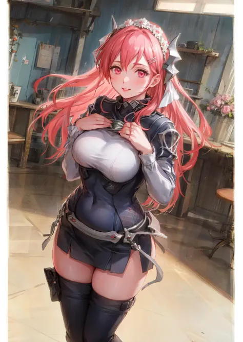 (masterpiece, best quality:1.2) best quality, masterpiece, highres, focus, anime style, a closeup of a cartoon of a woman, girl design, portrait, giesha, anime image, long hair, red hair, heterochromia eyes, hair covering ears, cat ears, horny and shy look, nude , naked, exposed, clean body, pink gloves, black belt around waist, round thick giant breasts, ((huge breasts)), ((large breasts)) ,engineer, engineer tools, erect nipples, mechanic, tools, tools in hand, black tighs, wrench , wrench in hand, toolbox