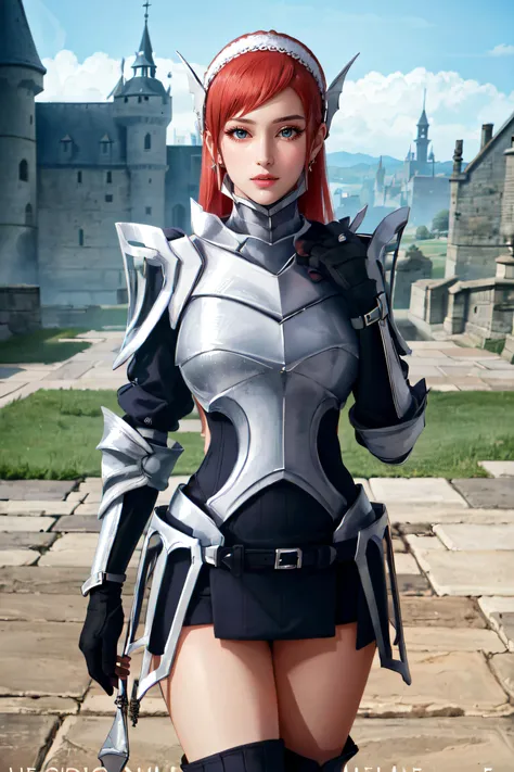 (masterpiece, best quality, ultra detailed, absurdres)1.5, 1girl, (sexy, beautiful woman, perfect face, perfect eyes, perfect female body, large breasts)1.5, (cherche_def, cherche \(fire emblem\), gloves, hairband, armor, armored boots, <lora:cherche_def:0.7>), (standing, outdoors, castle in background), perfect lighting, smooth, hdr