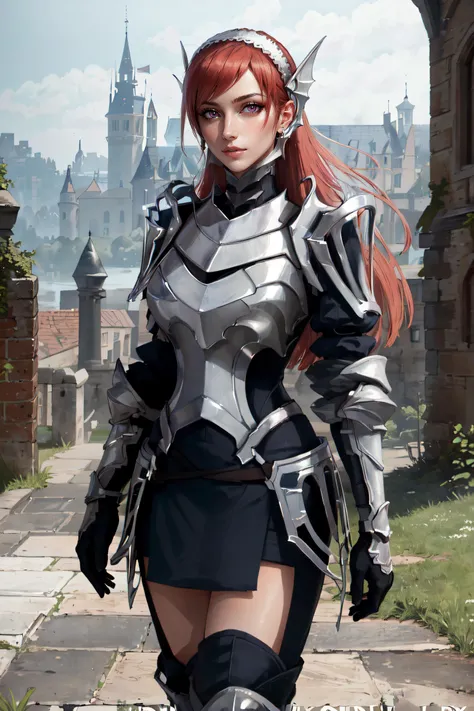 (masterpiece, best quality, ultra detailed, absurdres)1.5, 1girl, (sexy, beautiful woman, perfect face, perfect eyes, perfect female body, large breasts)1.5, (cherche_def, cherche \(fire emblem\), gloves, hairband, armor, armored boots, <lora:cherche_def:0.7>), (standing, outdoors, castle in background), perfect lighting, smooth, hdr